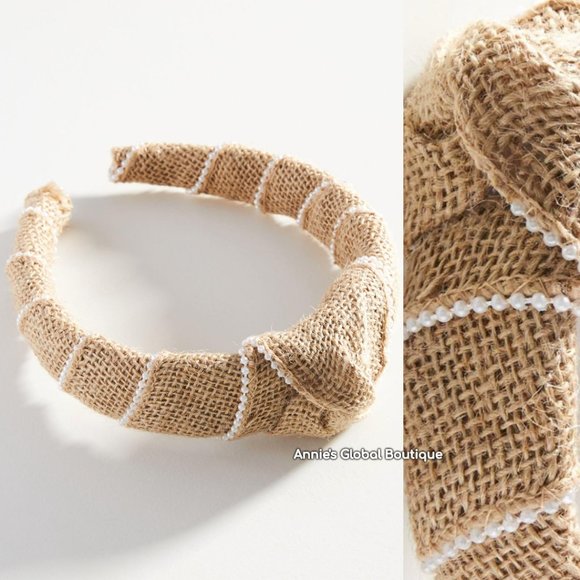NWT, Anthropologie Woven Faux Pearl Embellished Jute Headband - Picture 6 of 10